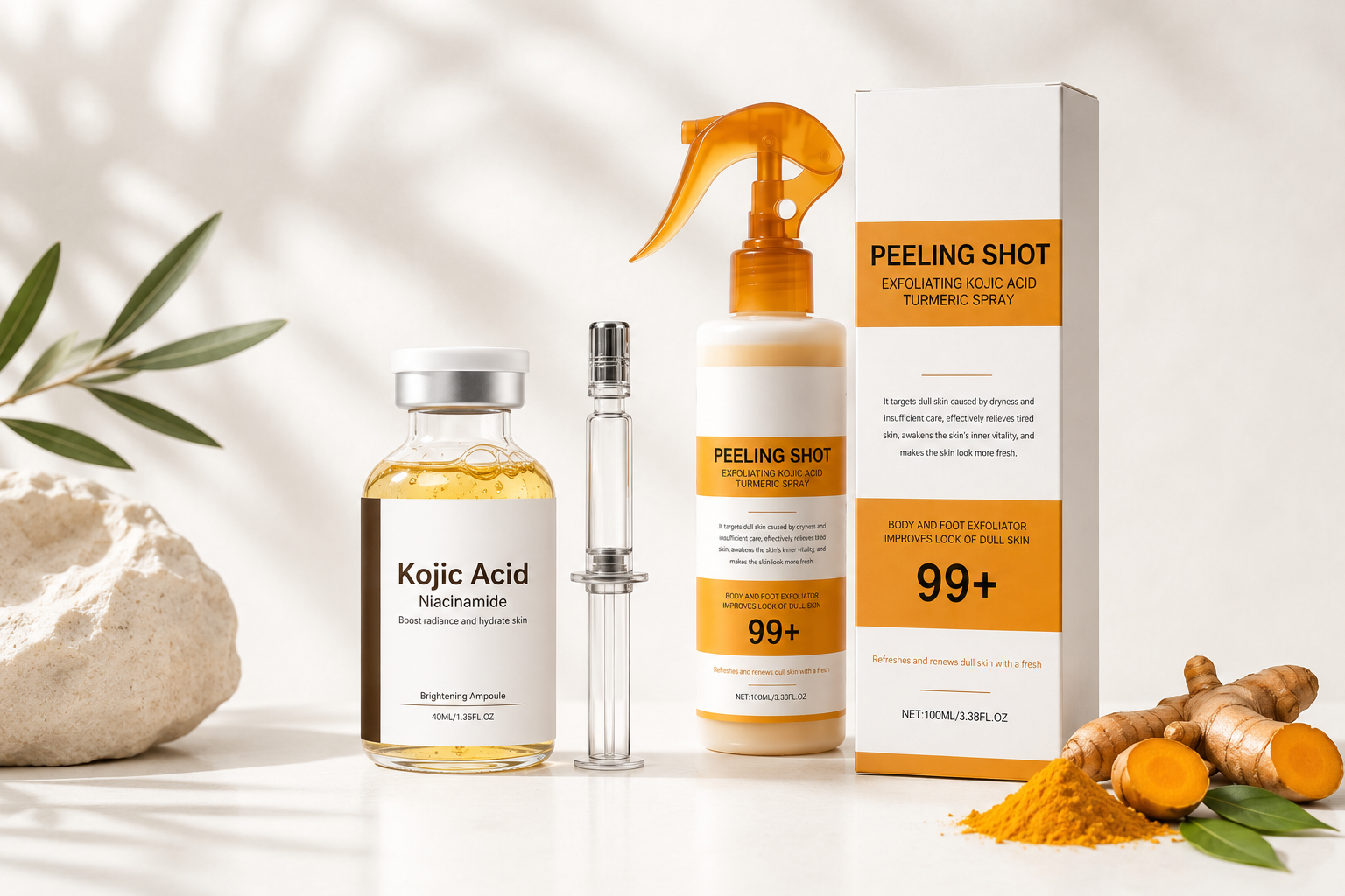 Hudvårdsset med kojicsyra – glasflaska, atomizer, sprayflaska och produktkartong "PEELING SHOT 99+", omgiven av gurkmejarot, gurkmejapulver och gröna blad på vit bakgrund.