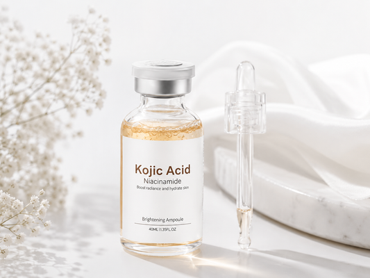 Kojic Acid Niacinamide Brightening Ampoule i glas med silverfärgad kork och glaspipett på vit yta med mjuka blommor och tygdetaljer.