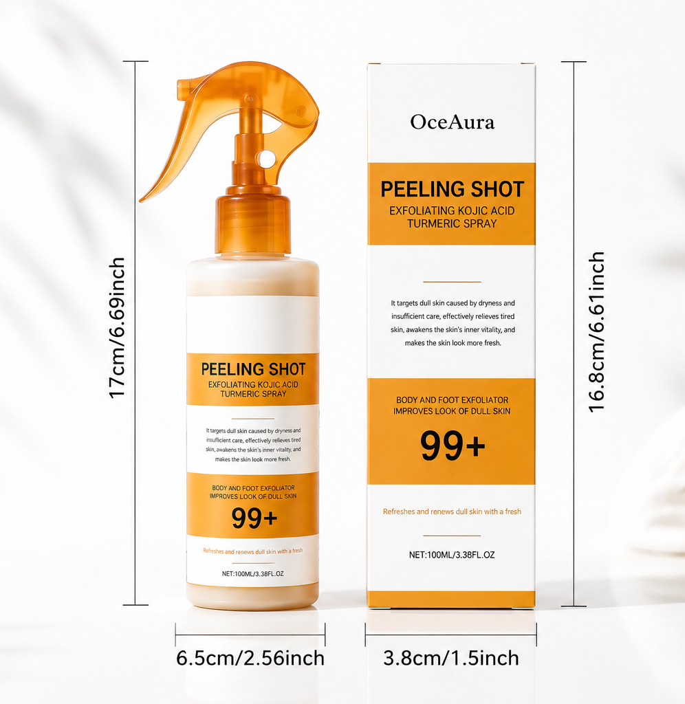 OceAura Peeling Shot Exfoliating Kojic Acid Turmeric Spray med flaska och produktkartong samt produktmått på vit bakgrund.