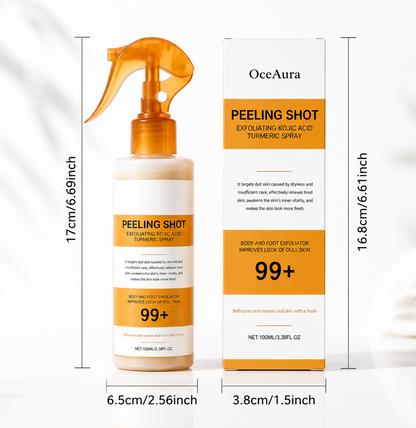OceAura Peeling Shot Exfoliating Kojic Acid Turmeric Spray med flaska och produktkartong samt produktmått på vit bakgrund.